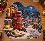 Red Christmas postbox and sealed letters before a deep snowy village lane printed on a complete flat custom-shaped rug