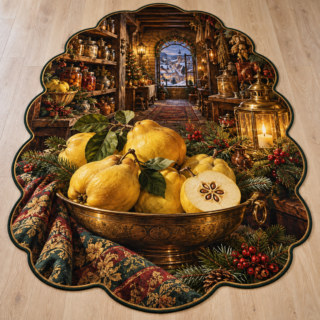 Quince Fruit and deep Christmas pantry scenery printed on a complete flat rug
