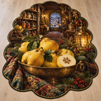 Quince Fruit and deep Christmas pantry scenery printed on a complete flat rug