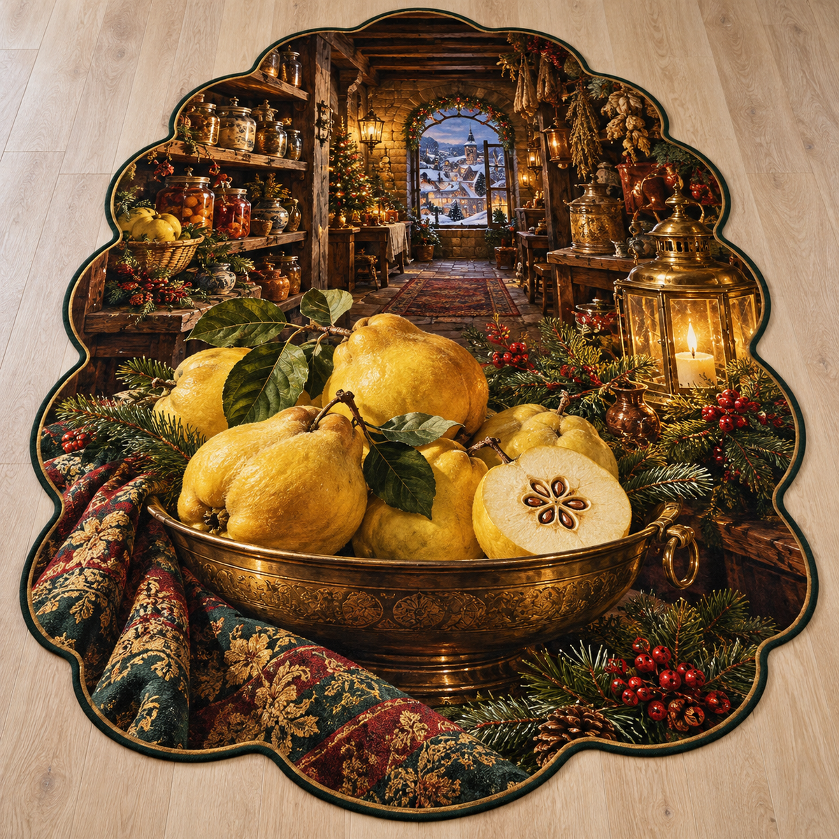 Quince Fruit and deep Christmas pantry scenery printed on a complete flat rug