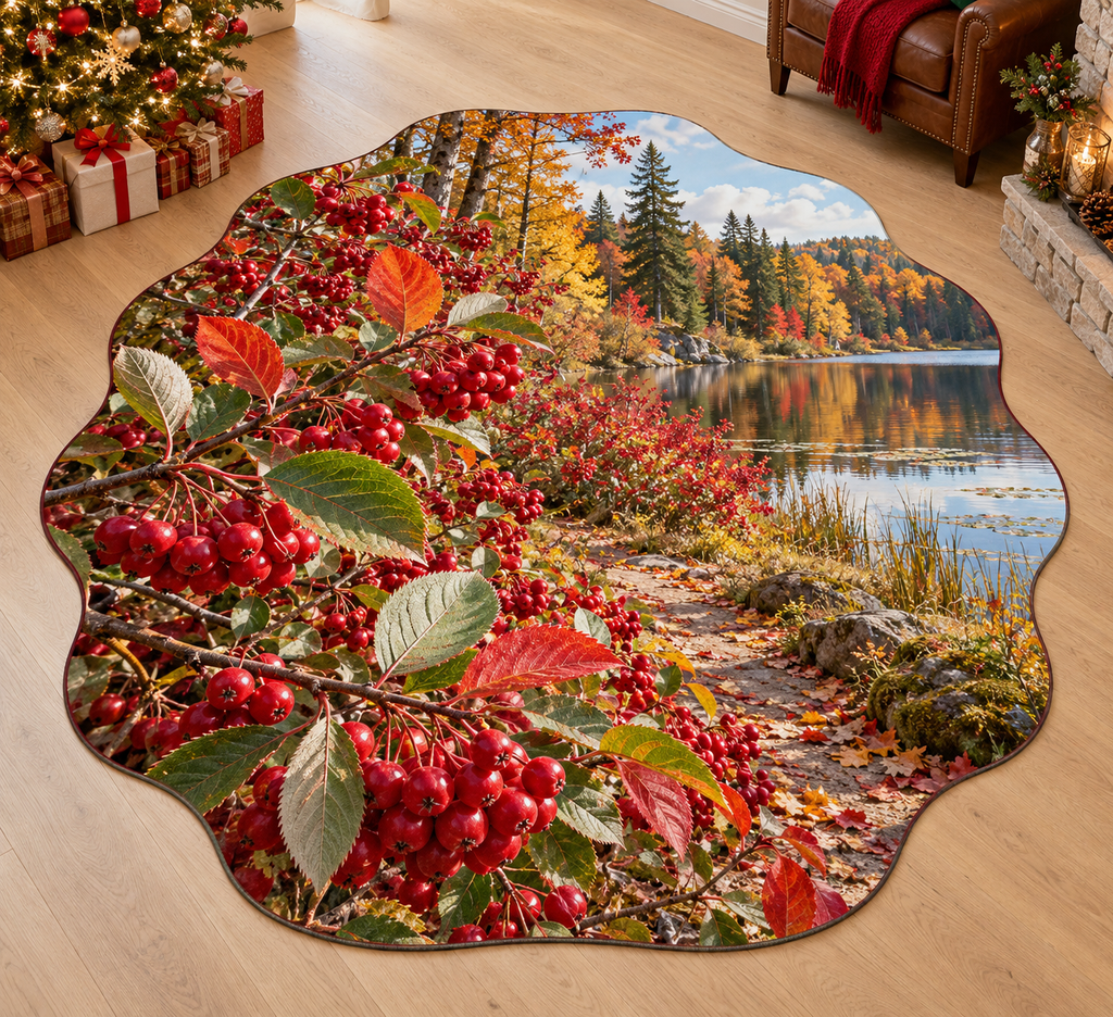 Red chokeberry with layered autumn wetland scenery printed on a complete flat rug