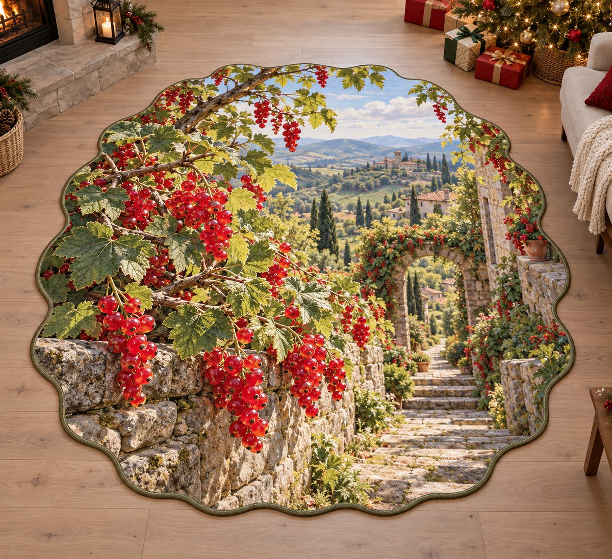 Redcurrant fruit strigs with layered terraced garden scenery printed on a complete flat rug