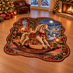 Christmas wooden rocking horse and deep snowy toy workshop printed on a complete flat custom-shaped rug