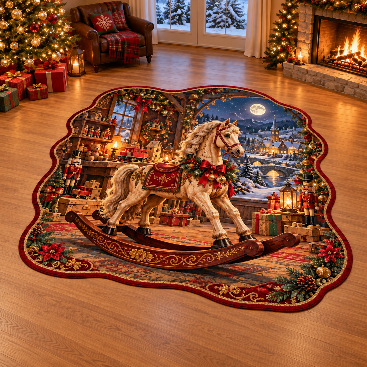 Christmas wooden rocking horse and deep snowy toy workshop printed on a complete flat custom-shaped rug
