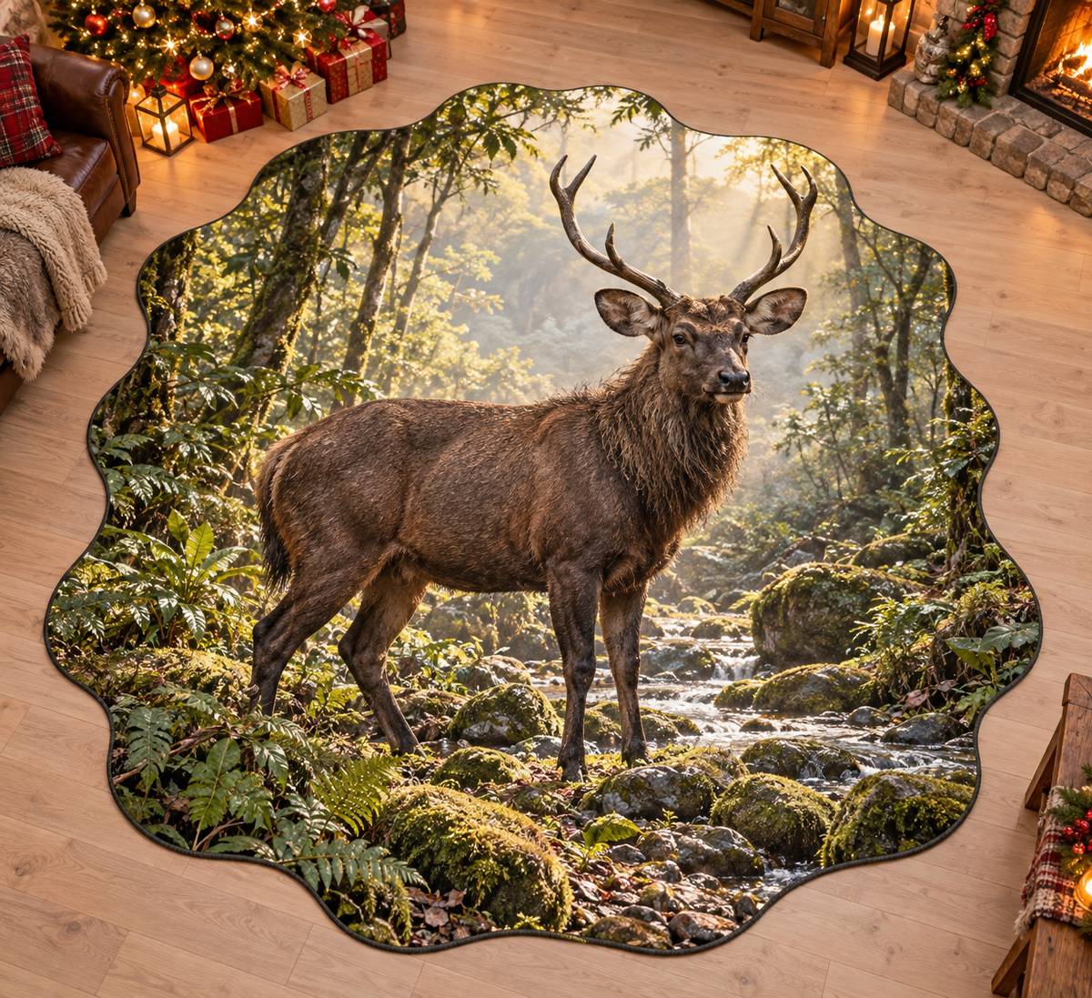 Sambar with deep layered mossy woodland scenery printed on a complete flat rug