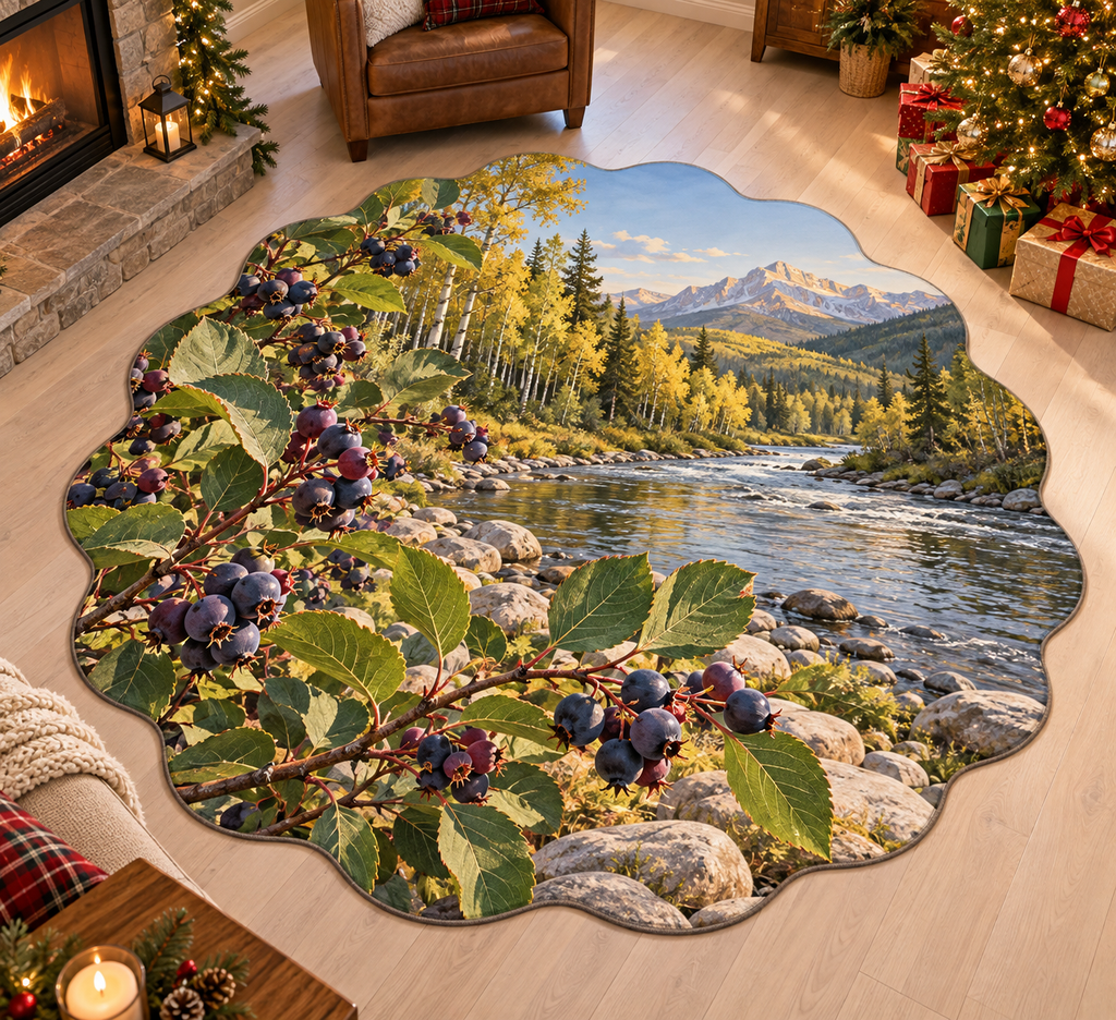 Saskatoon with layered riverbank scenery printed on a complete flat rug