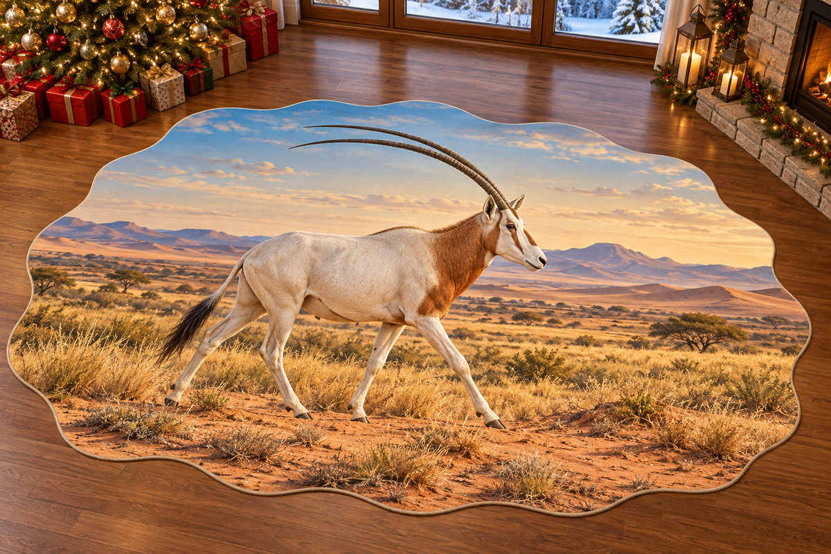 Scimitar oryx with layered open steppe scenery printed on a complete flat rug