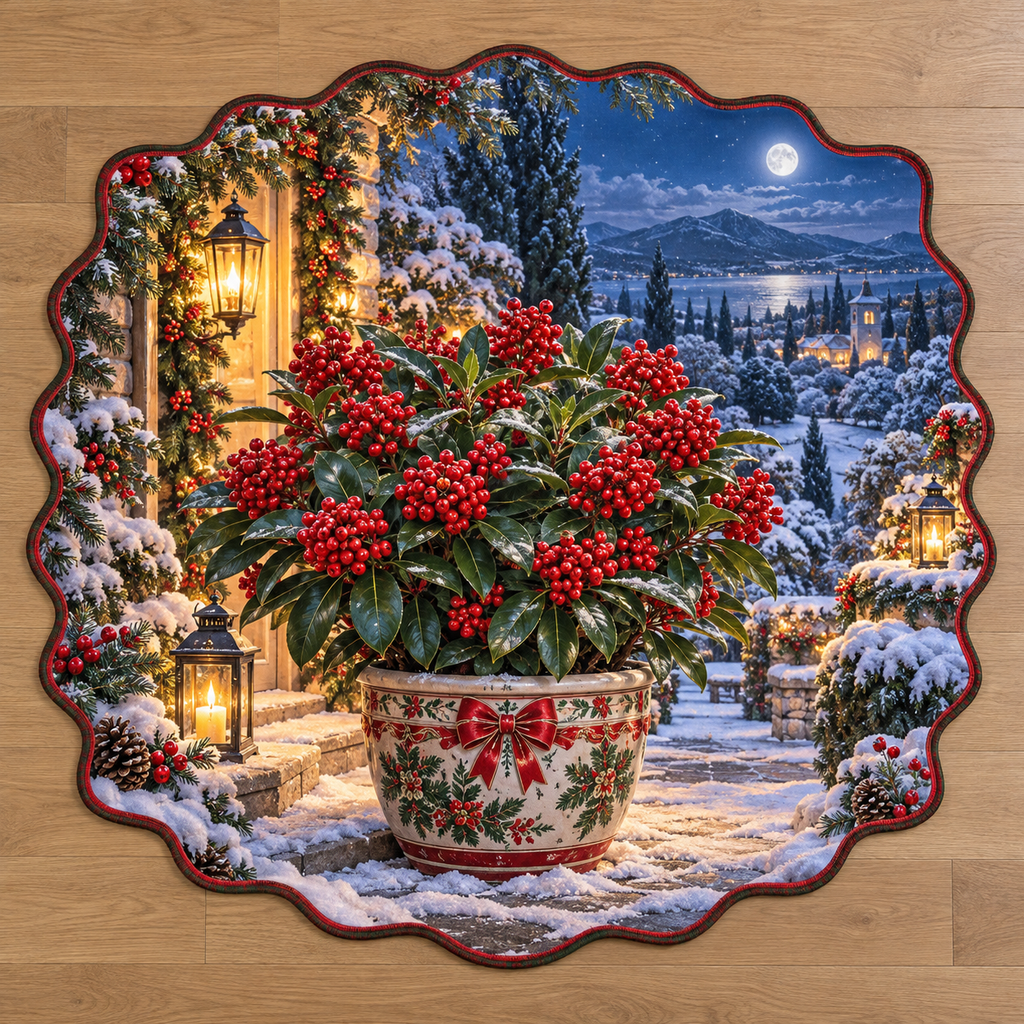 Red-berried skimmia in a ceramic planter with deep snowy Christmas garden scenery printed on a complete flat custom-shaped rug