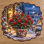 Red-berried skimmia in a ceramic planter with deep snowy Christmas garden scenery printed on a complete flat custom-shaped rug