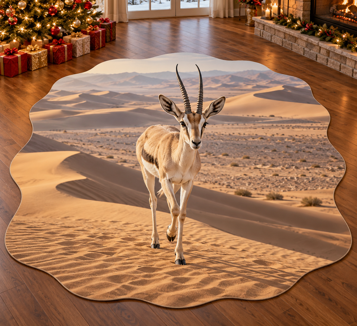Slender-horned gazelle with layered dune scenery printed on a complete flat rug