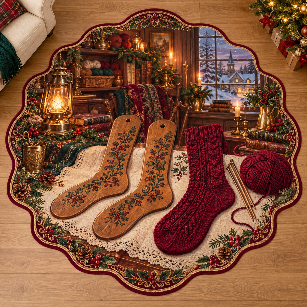 Wooden Sock Blockers with deep Christmas knitting room scenery printed on a complete flat rug
