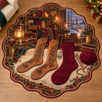 Wooden Sock Blockers with deep Christmas knitting room scenery printed on a complete flat rug
