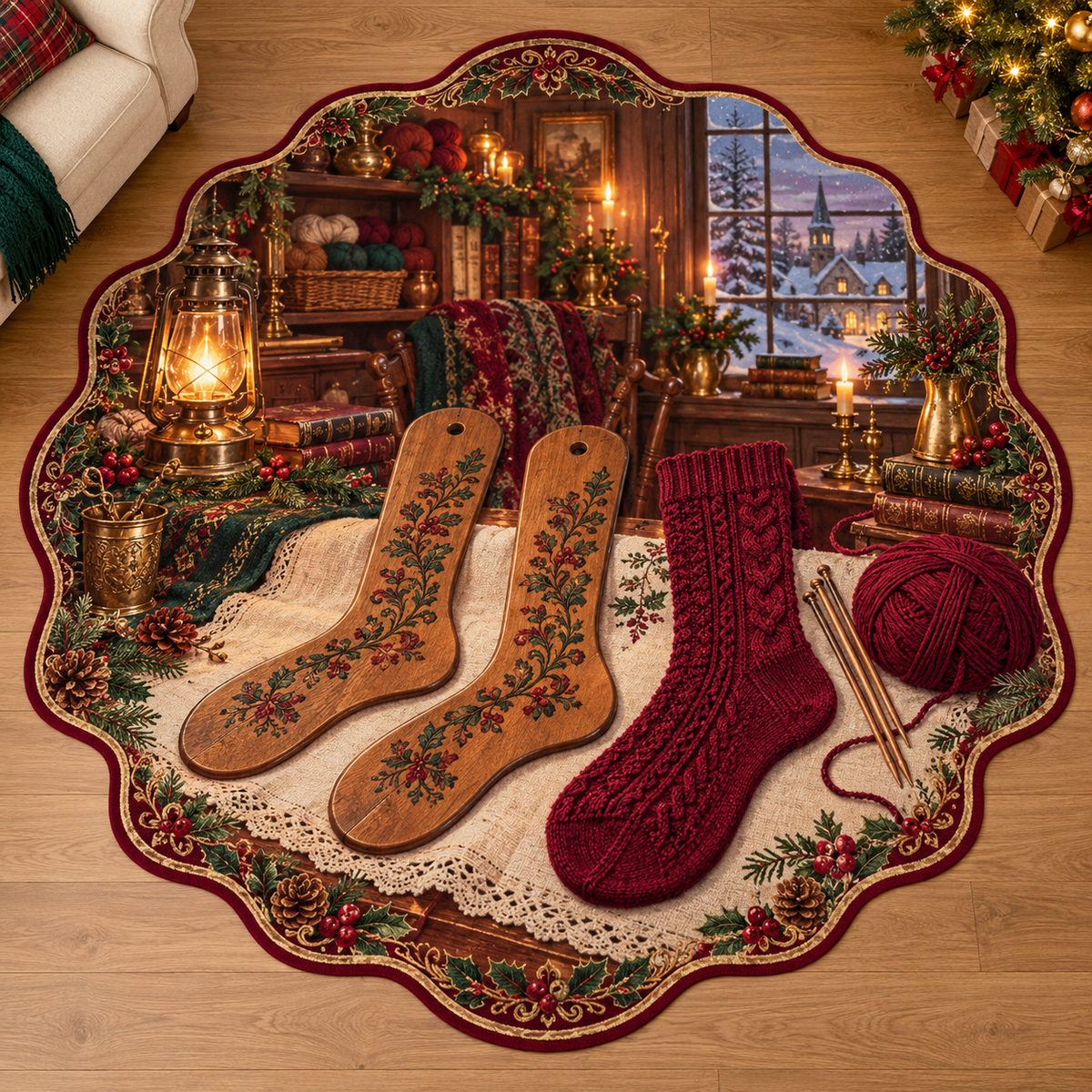 Wooden Sock Blockers with deep Christmas knitting room scenery printed on a complete flat rug