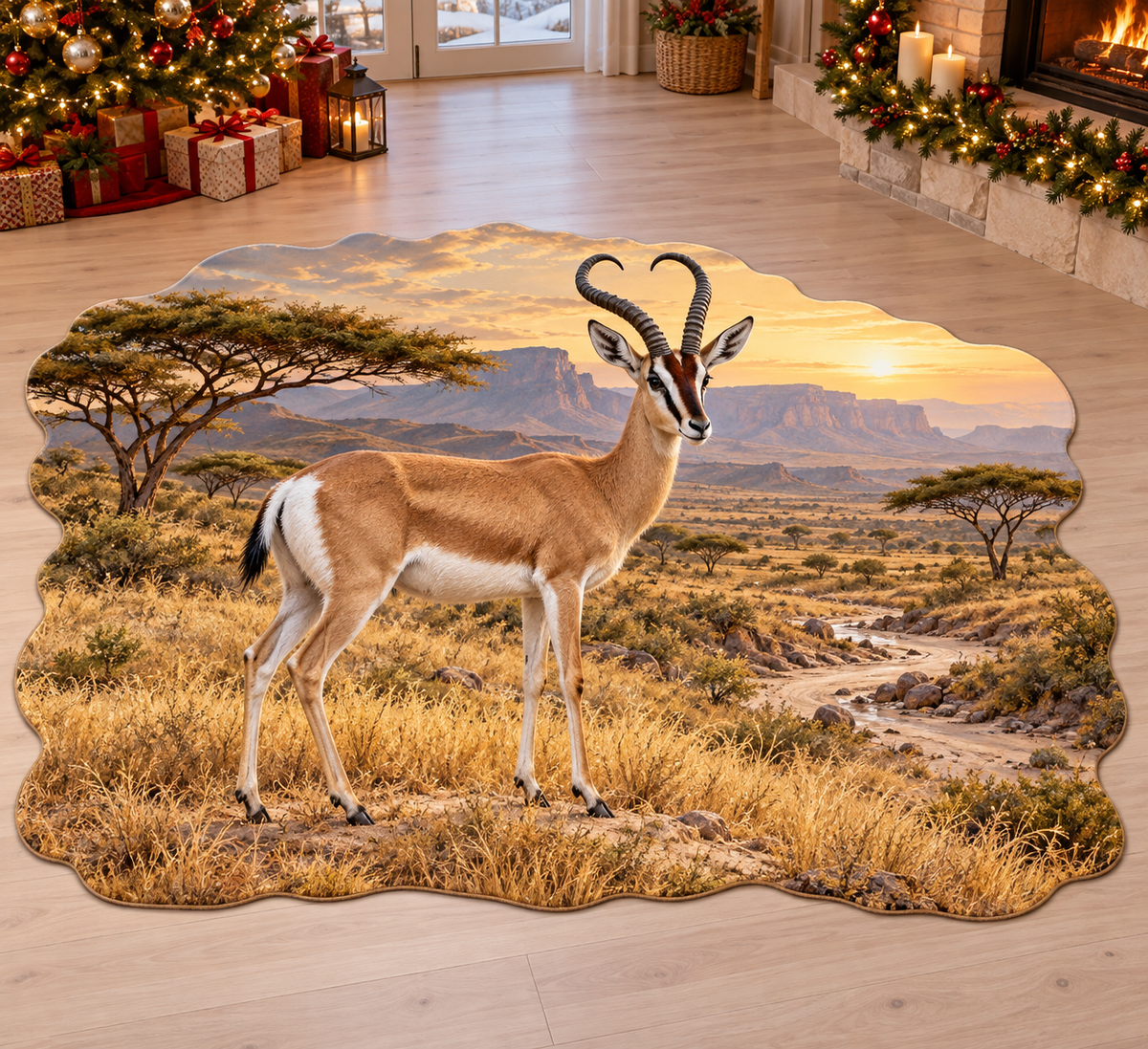 Soemmerrings Gazelle with deep layered savanna scenery printed on a complete flat rug