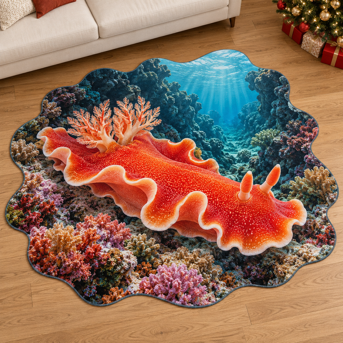 Spanish Dancer Nudibranch with deep tropical reef scenery printed on a complete flat rug