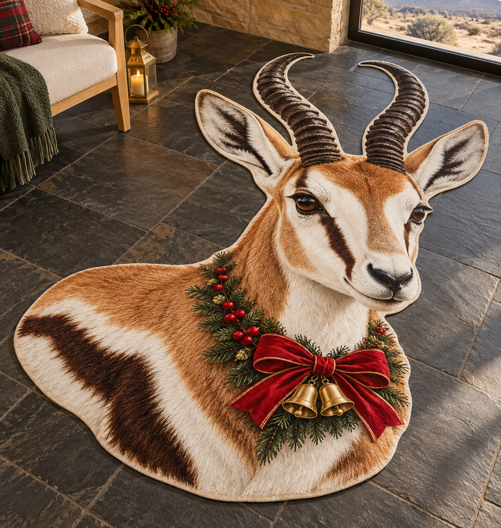 Christmas Springbok white-faced springbok portrait with curved black horns and Christmas garland printed on a flat close-cut head, neck and shoulder rug