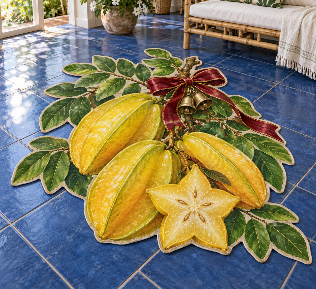 Christmas starfruit fruit cluster with broad leaves and bow printed on a flat close-cut rug