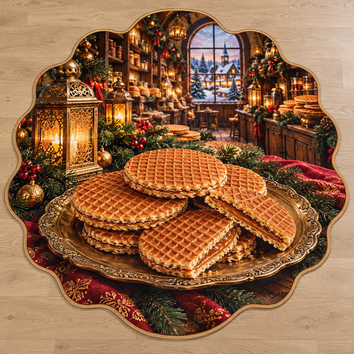 Stroopwafel Cookies with deep Christmas bakery scenery printed on a complete flat rug
