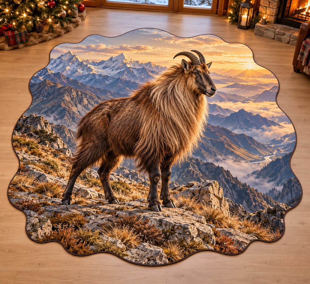 Himalayan Tahr with deep layered mossy woodland scenery printed on a complete flat rug