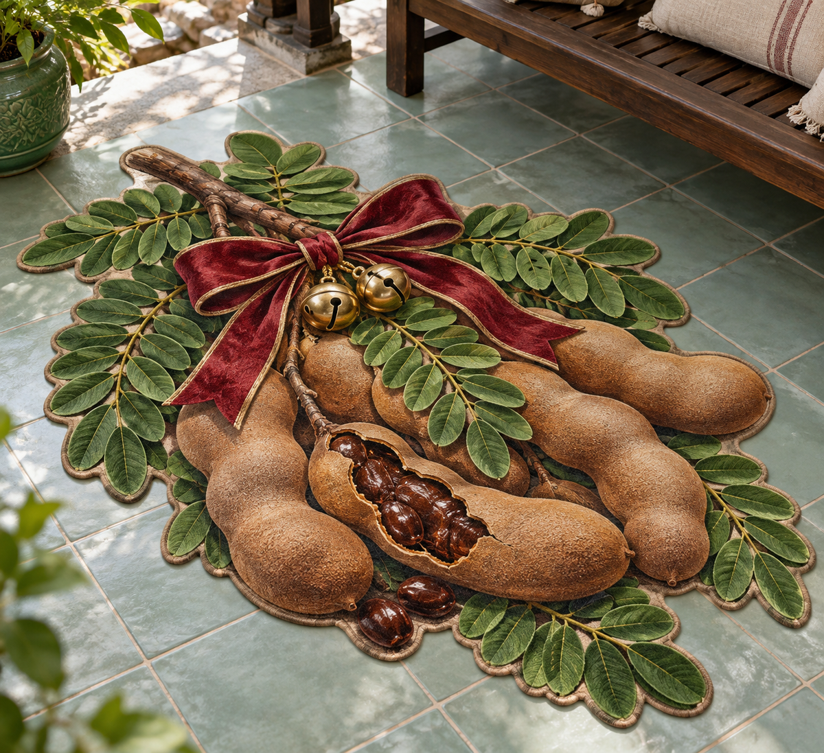 Christmas tamarind fruit cluster with broad leaves and bow printed on a flat close-cut rug