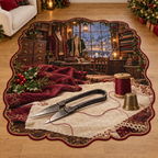 Traditional Thread Snips with deep Christmas tailoring workshop scenery printed on a complete flat rug