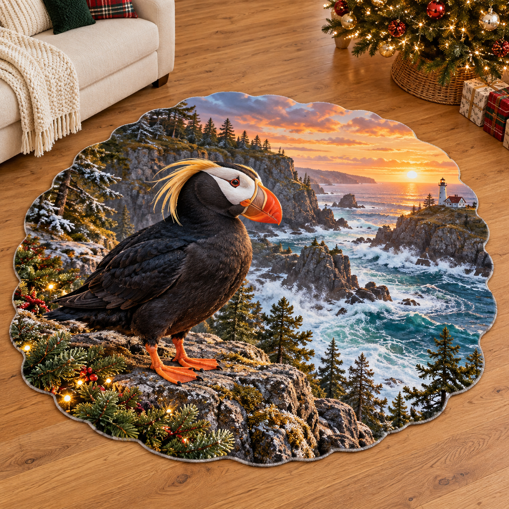 Tufted Puffin with deep coastal scenery and Christmas accents printed on a complete flat rug