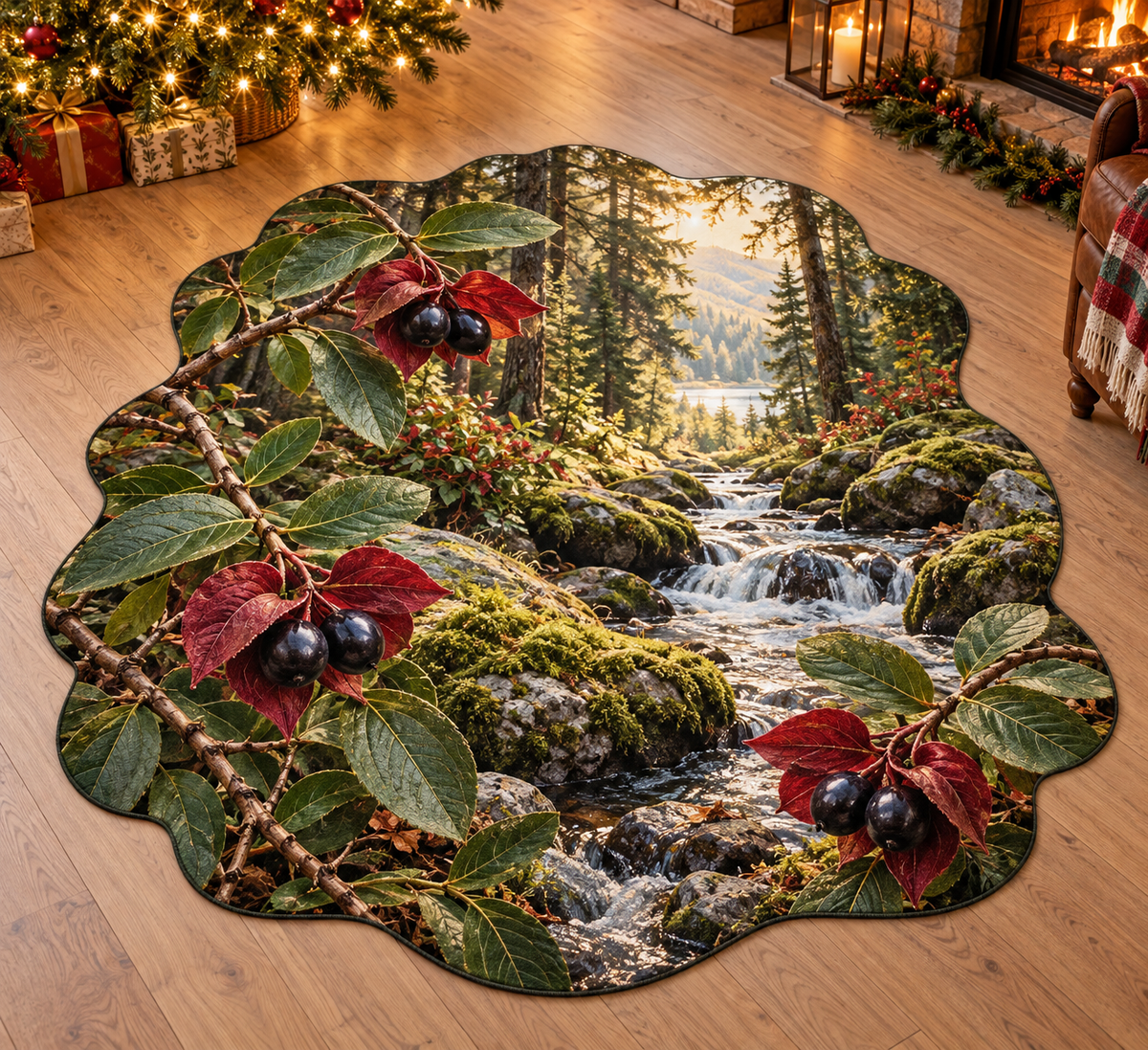 Twinberry Honeysuckle with deep layered mossy woodland scenery printed on a complete flat rug