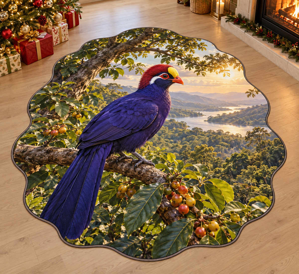 Violet turaco with layered woodland canopy scenery printed on a complete flat rug