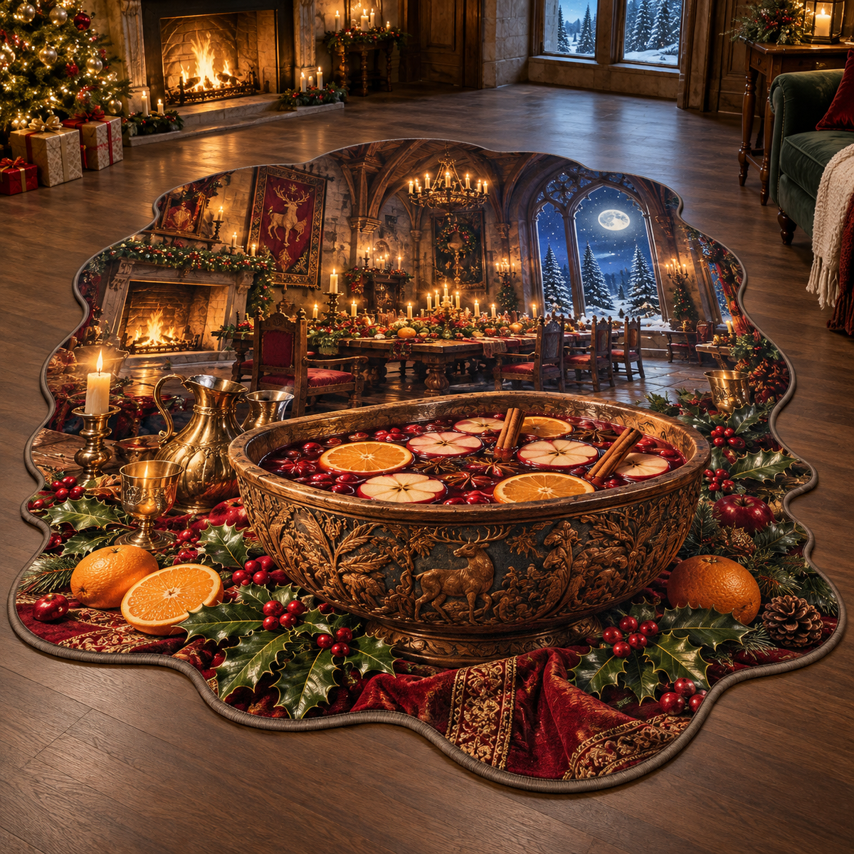 Carved Christmas wassail bowl and deep festive banquet hall printed on a complete flat custom-shaped rug
