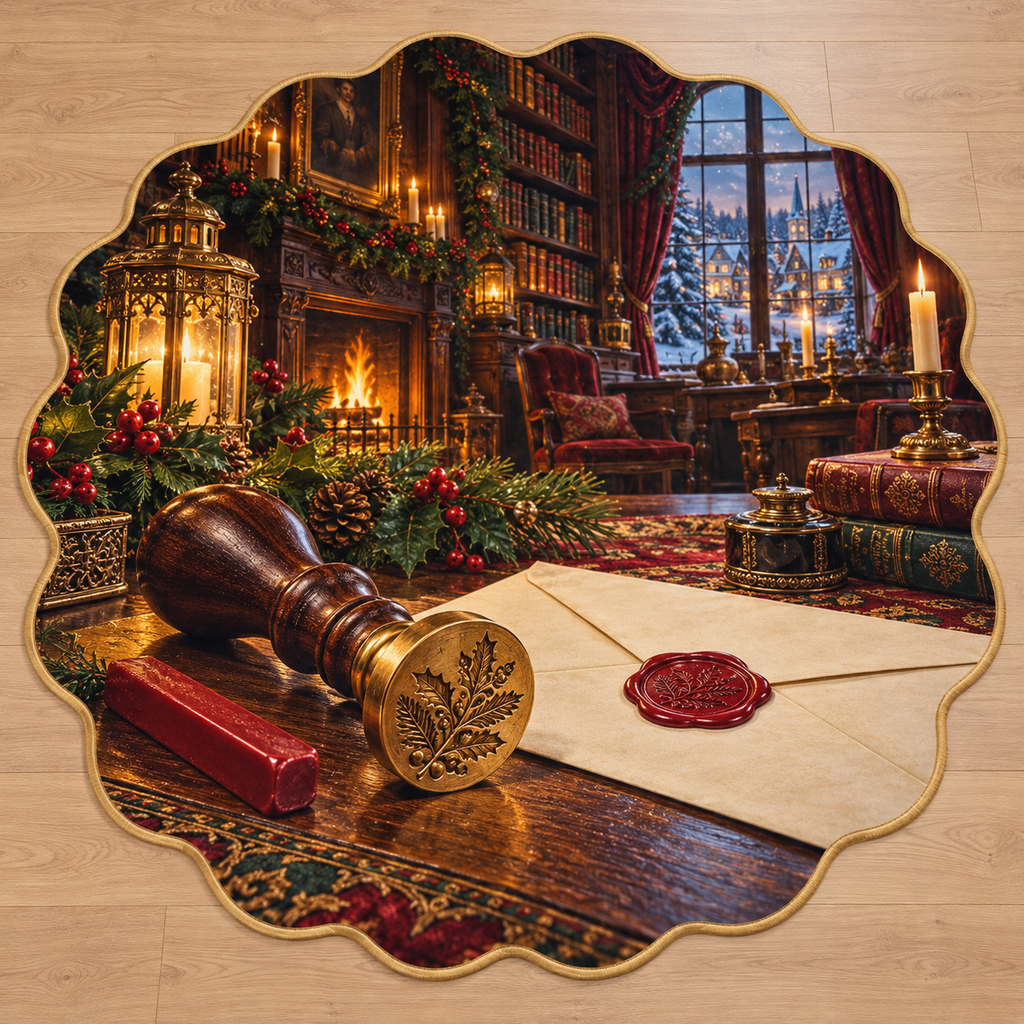 Antique Wax Seal Stamp with deep Christmas writing room scenery printed on a complete flat rug