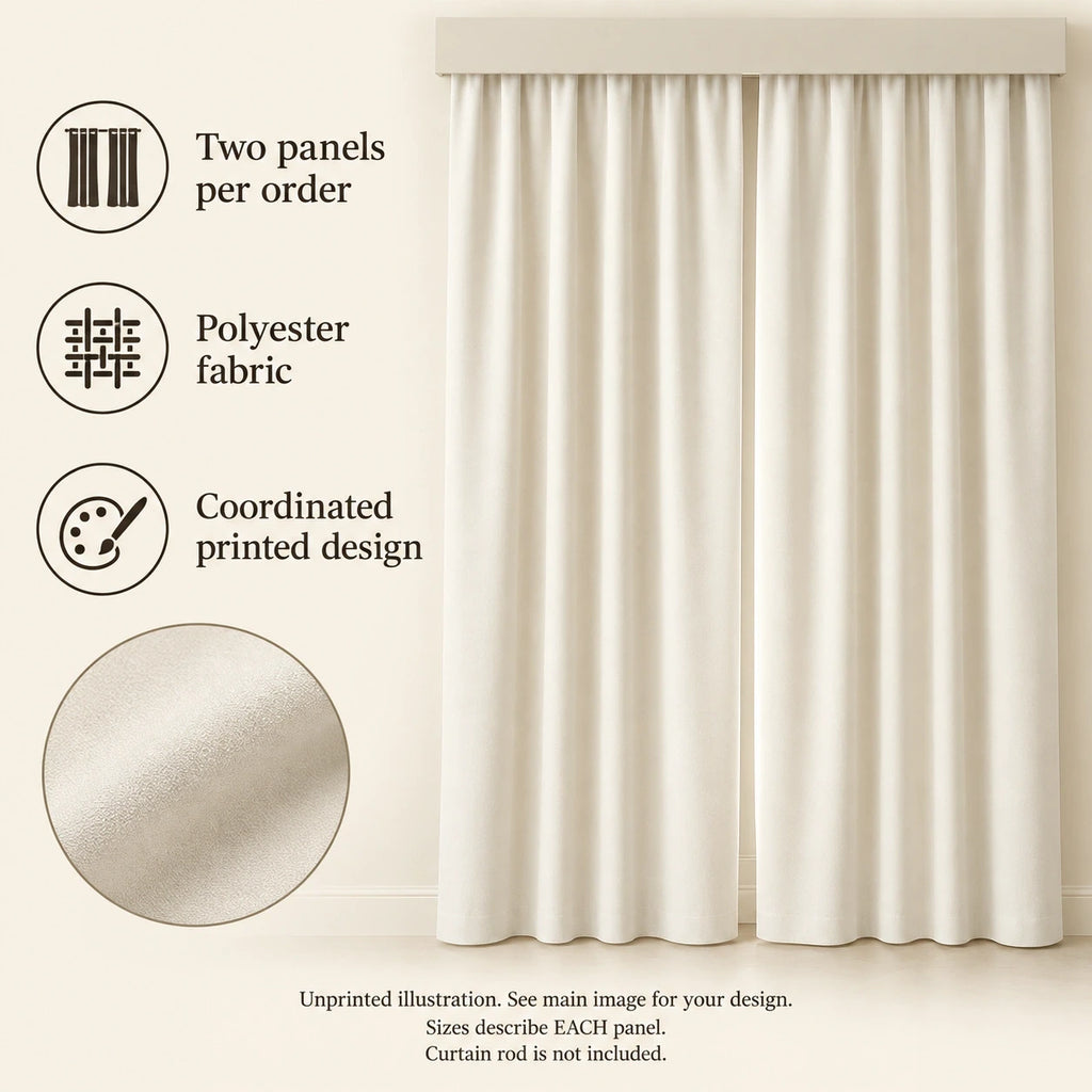 Window Curtain Pair features guide: unprinted illustration; see main image for purchased design