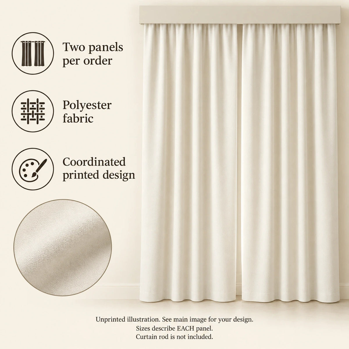 Window Curtain Pair features guide: unprinted illustration; see main image for purchased design
