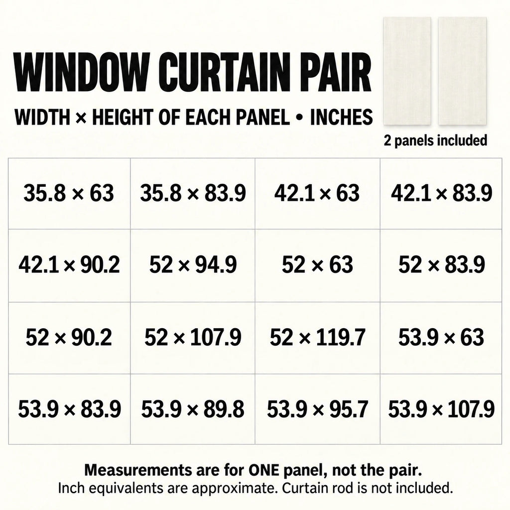 Window Curtain Pair sizes guide: unprinted illustration; see main image for purchased design