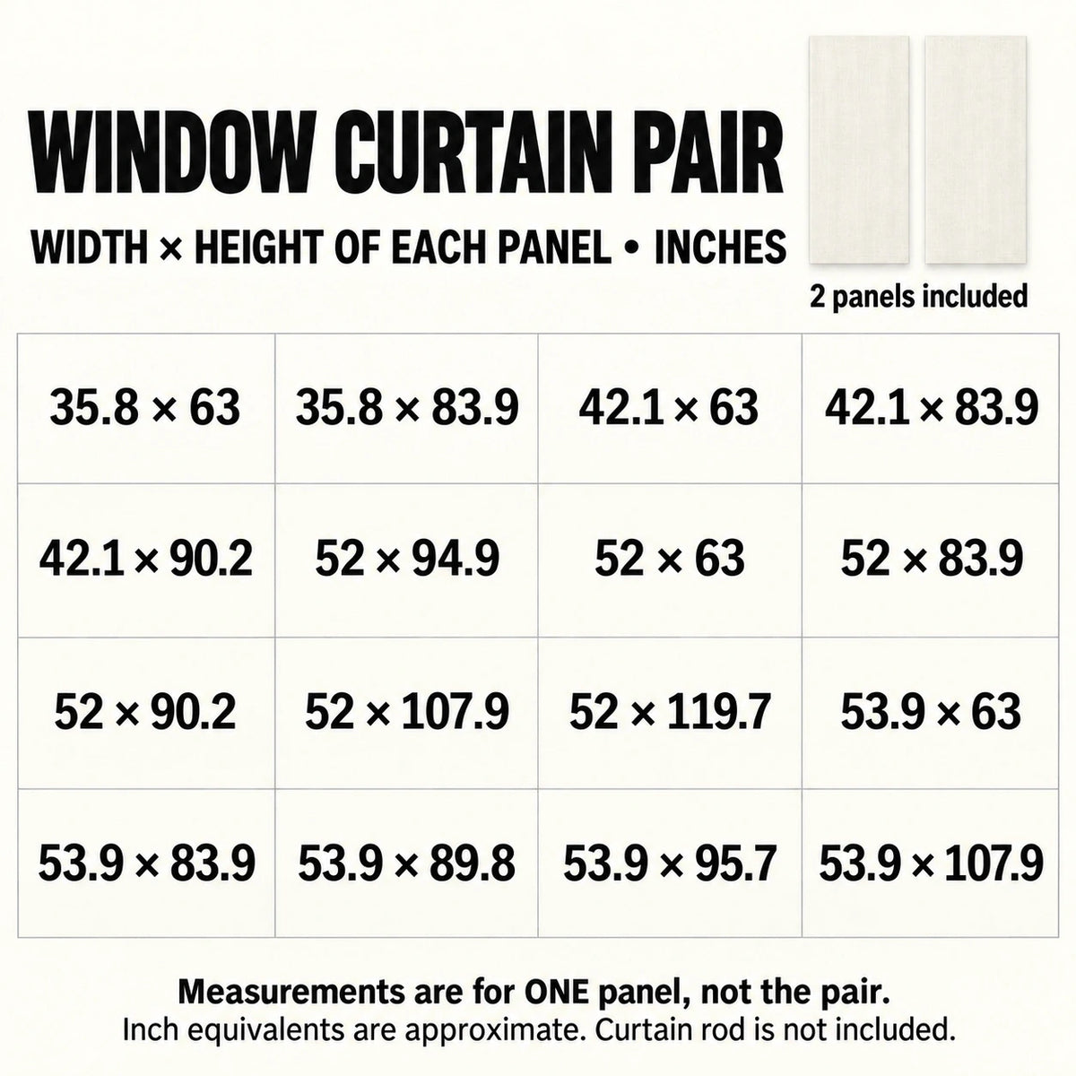 Window Curtain Pair sizes guide: unprinted illustration; see main image for purchased design