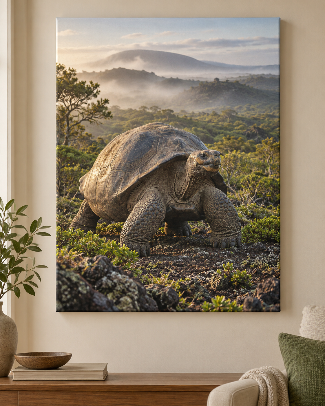 A giant domed tortoise on volcanic ground before misty highlands printed on a complete portrait gallery-wrapped canvas