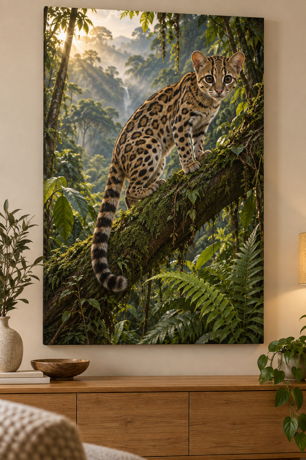 Spotted margay with a long ringed tail on a mossy branch before receding rainforest printed on gallery-wrapped canvas