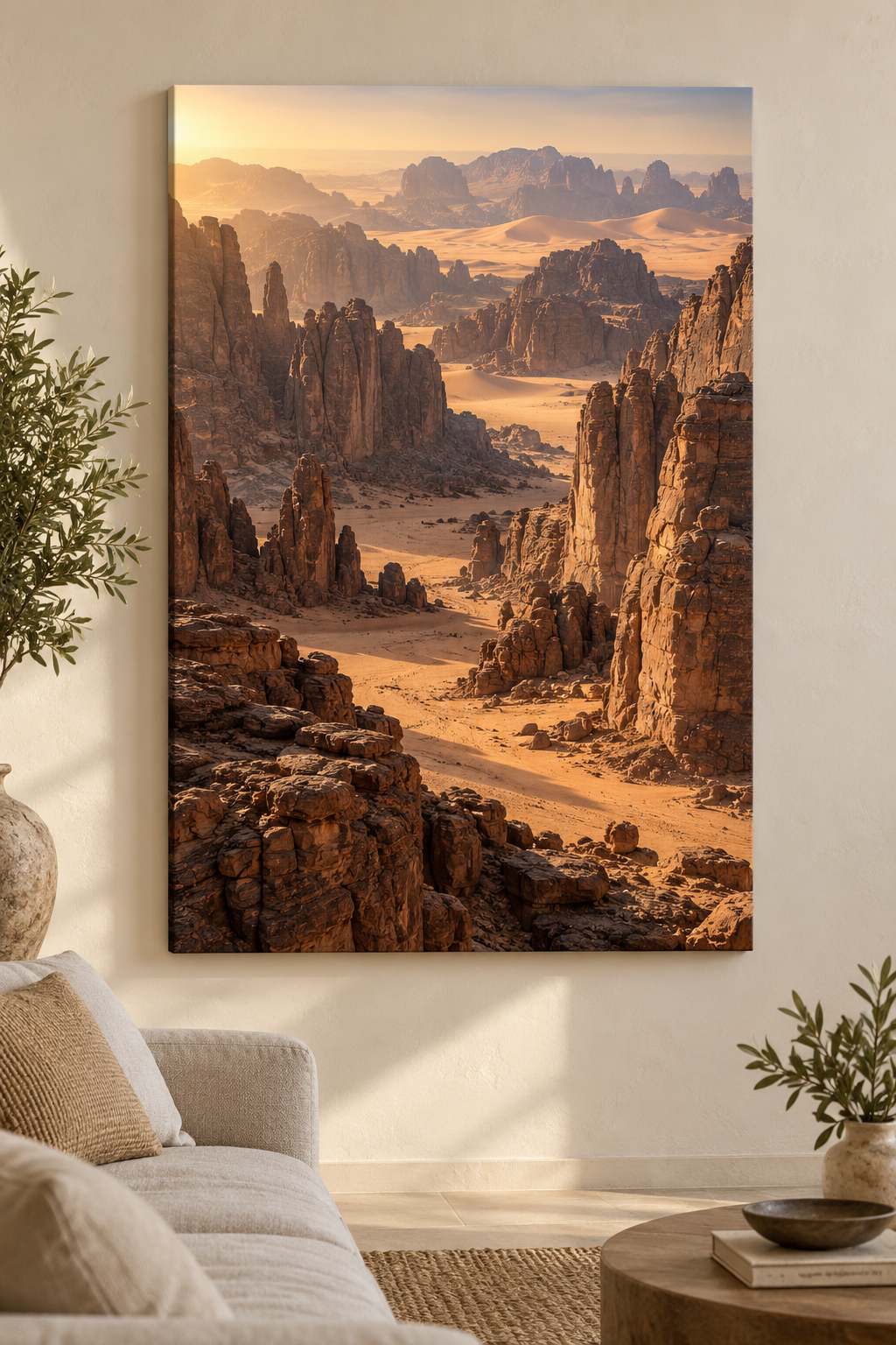 Towering desert sandstone formations and sandy corridors printed on a complete portrait gallery-wrapped canvas
