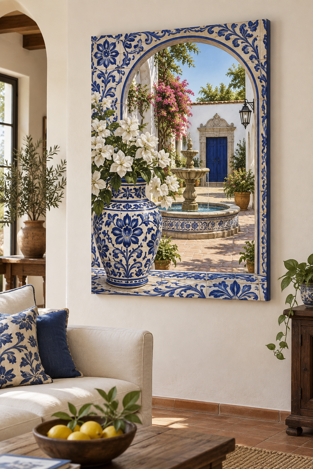 Talavera-inspired blue floral vase and sunlit courtyard fountain printed on gallery-wrapped canvas