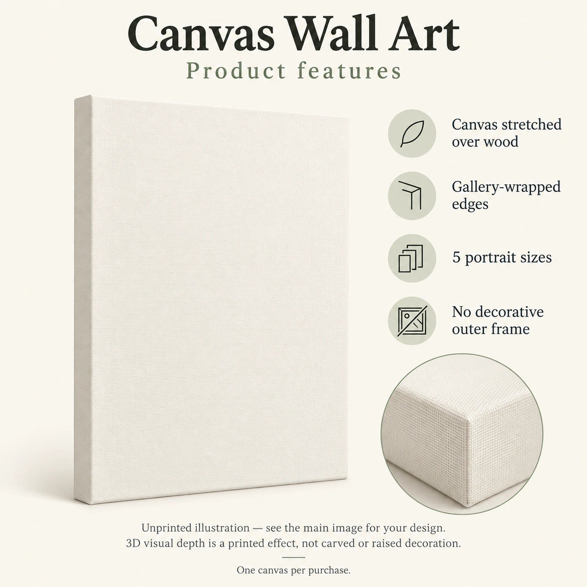 Canvas Wall Art features guide: unprinted illustration; see main image for purchased design