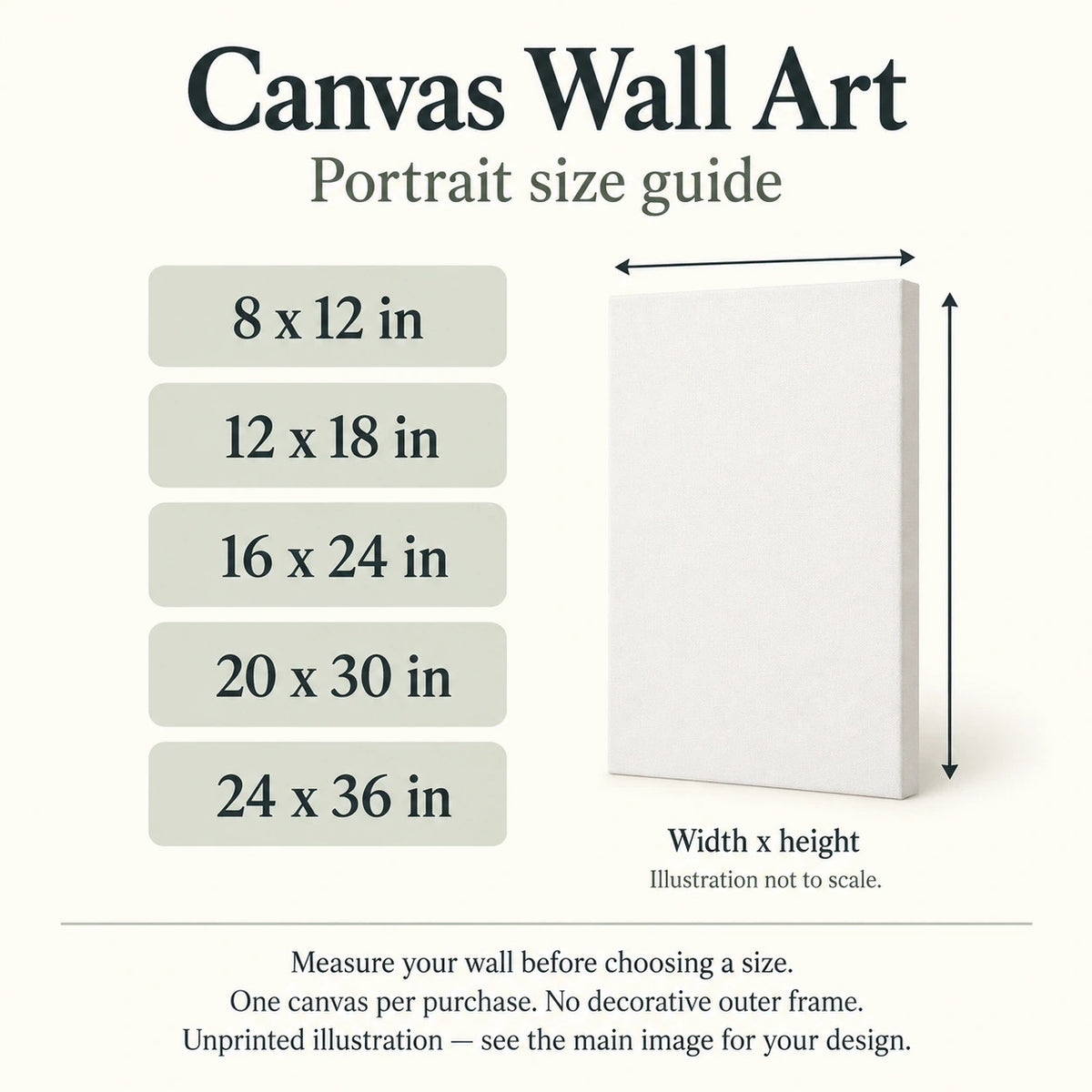 Canvas Wall Art sizes guide: unprinted illustration; see main image for purchased design