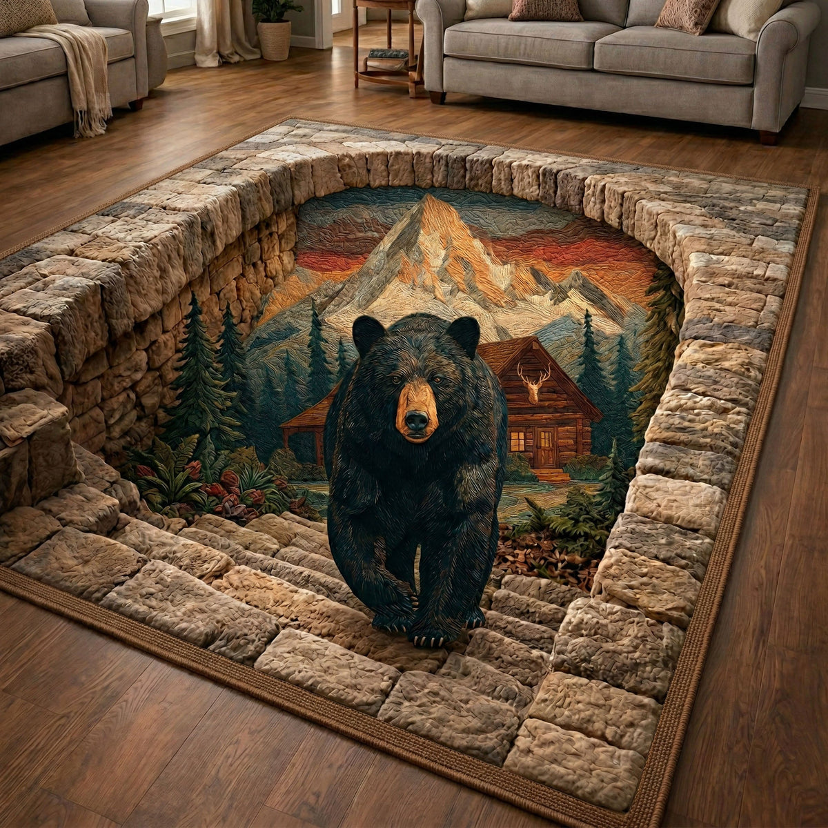 Cabin Mountain Bear area rug in a living room