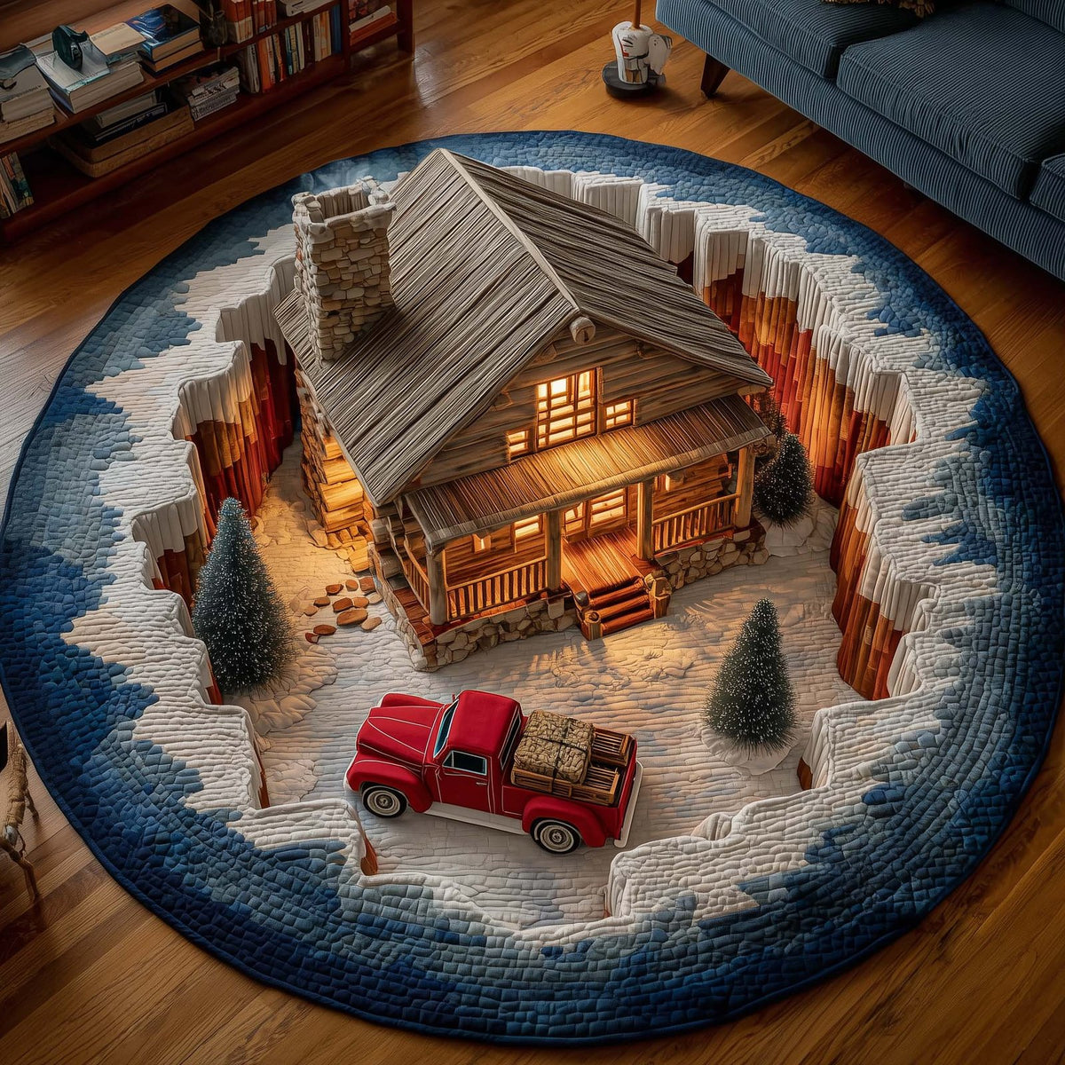 Cabin Retreat Round Mat Rug - washable non-slip printed rug