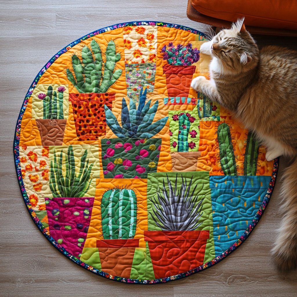 Cactus Haven Retreat Round Mat Rug - washable non-slip printed rug