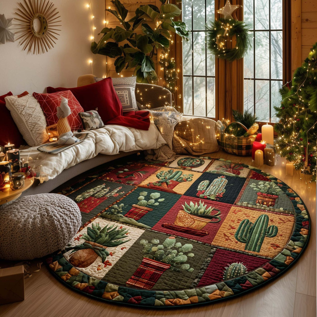 Cactus Patch Round Mat Rug - washable non-slip printed rug