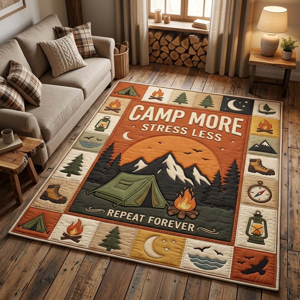 Camp Escape area rug in a living room