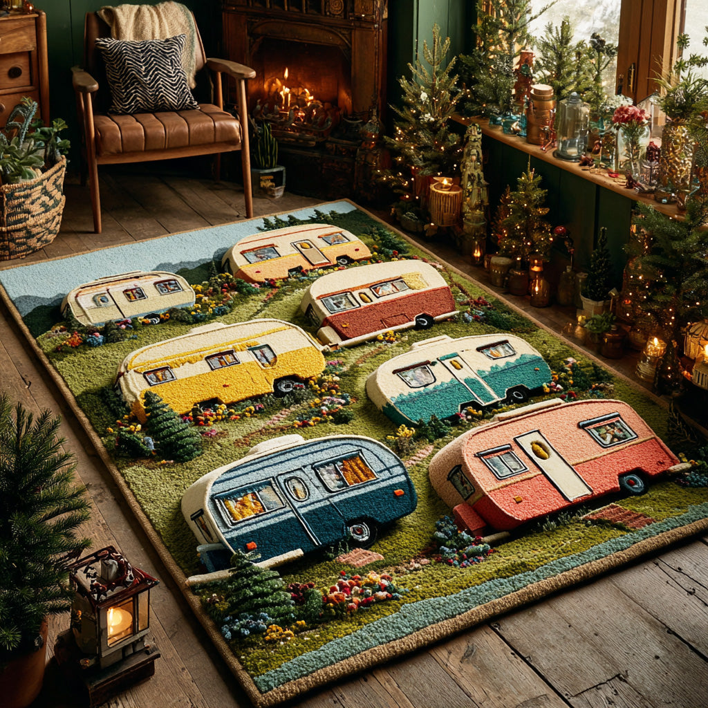 Camp Escape area rug in a living room