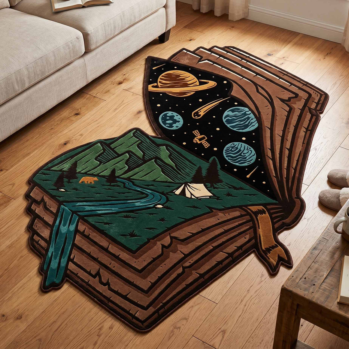 Camp Stack Custom Shape Area Rug - Nature Design | Die-Cut Non-Slip Rug - washable non-slip printed rug