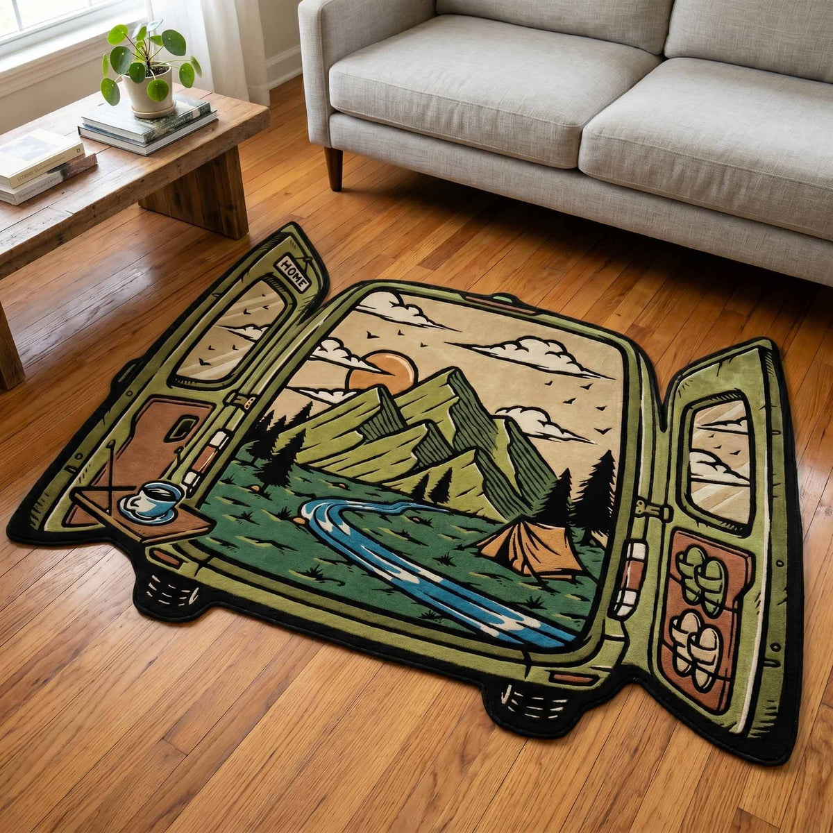 Camp Window Custom Shape Area Rug - Nature Design | Die-Cut Non-Slip Rug - washable non-slip printed rug