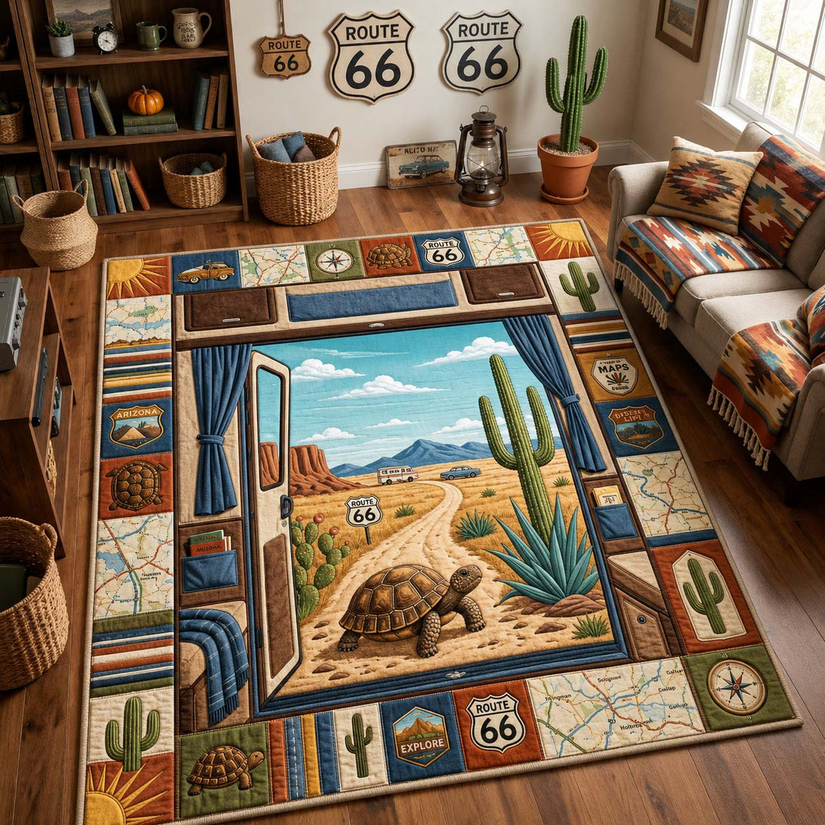 Camper Window Journey area rug in a living room