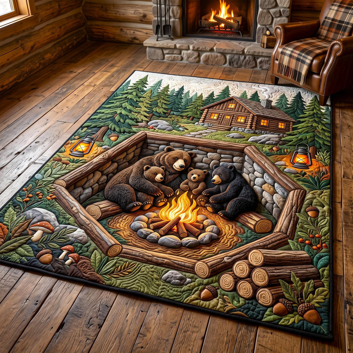 Campfire Cabin Rustic Bear area rug in a living room